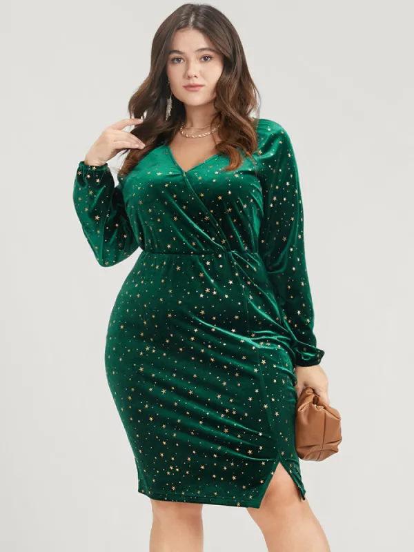 Star Print Wrap Lantern Sleeve Split Velvet Knee Dress sold by Bloomchic