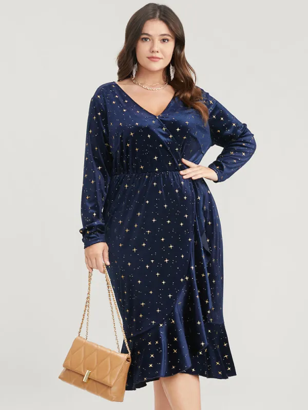 Star Print Wrap Ruffle Trim Velvet Midi Dress sold by Bloomchic