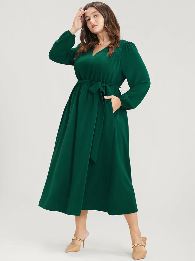 Solid V Neck Pocket Belted Lantern Sleeve Midi Dress sold by Bloomchic product image thumbnail 4