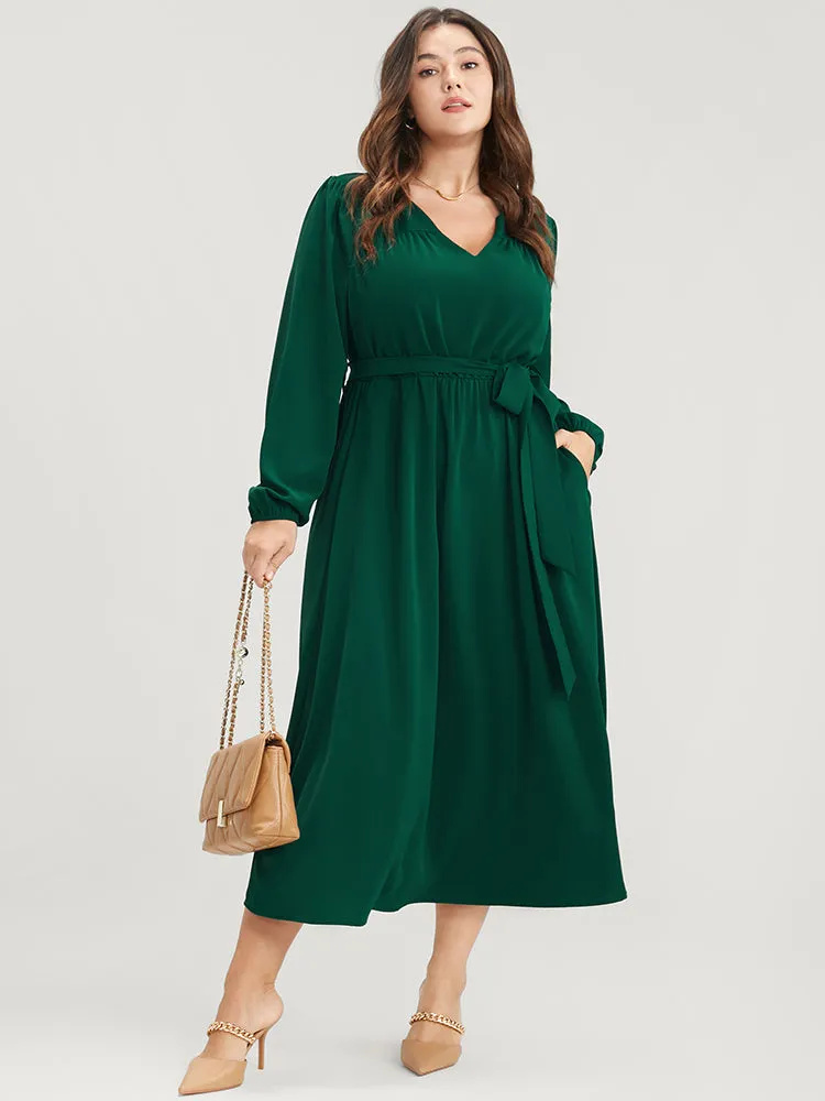 Solid V Neck Pocket Belted Lantern Sleeve Midi Dress sold by Bloomchic