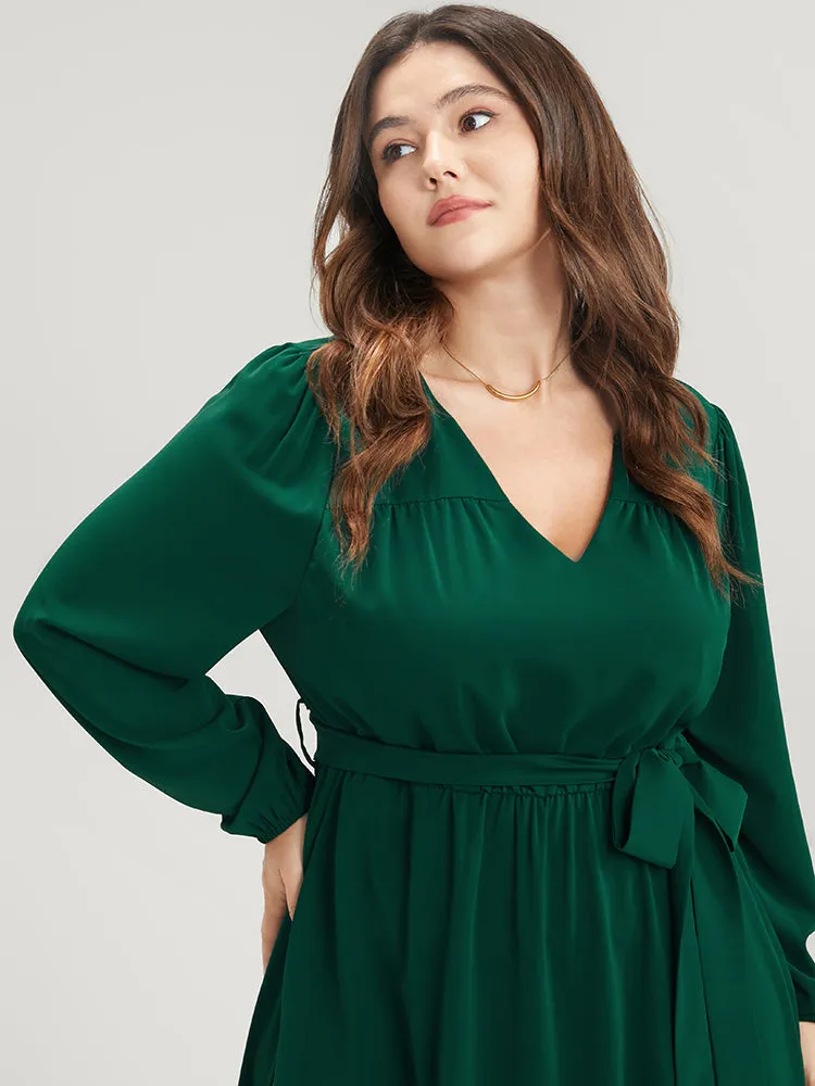 Solid V Neck Pocket Belted Lantern Sleeve Midi Dress sold by Bloomchic product image thumbnail 5