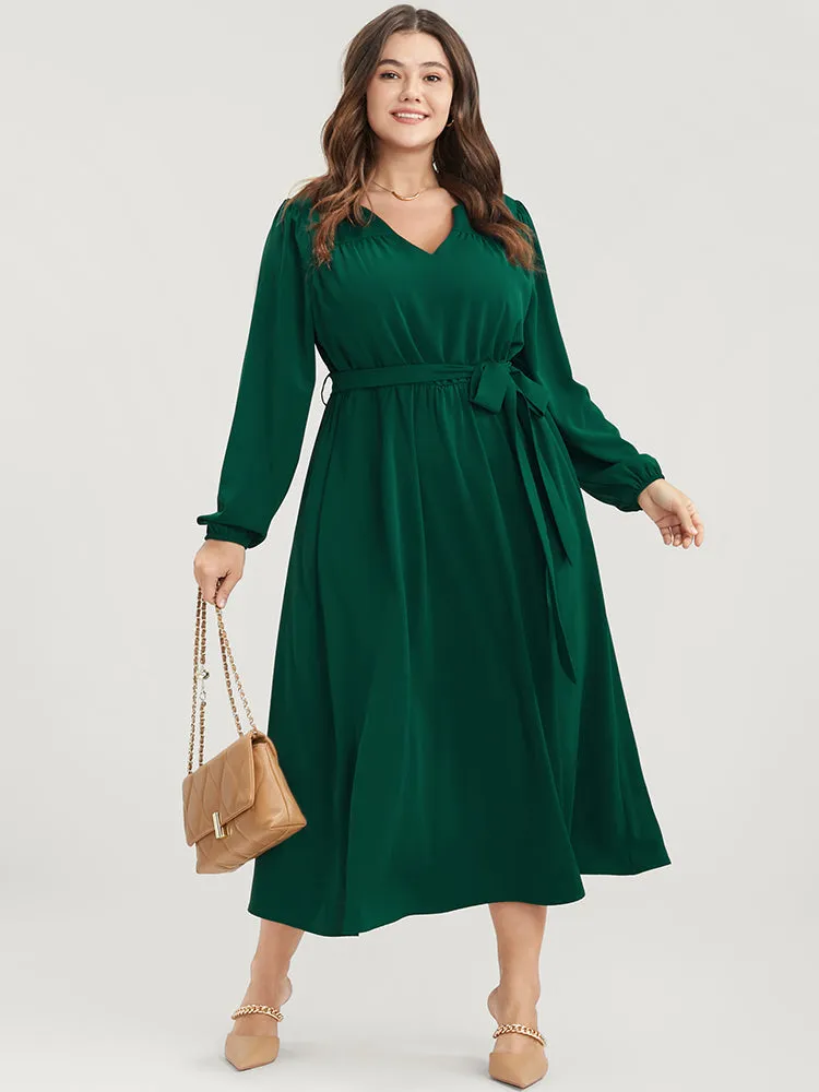 Solid V Neck Pocket Belted Lantern Sleeve Midi Dress sold by Bloomchic product image thumbnail 3