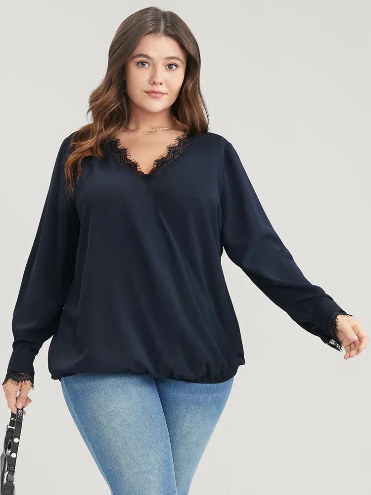 Solid Lace Trim Wrap Blouse sold by Bloomchic