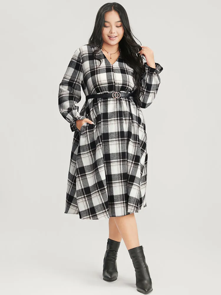 Plaid Lantern Sleeve Pocket V Neck Midi Dress Without Belt sold by Bloomchic