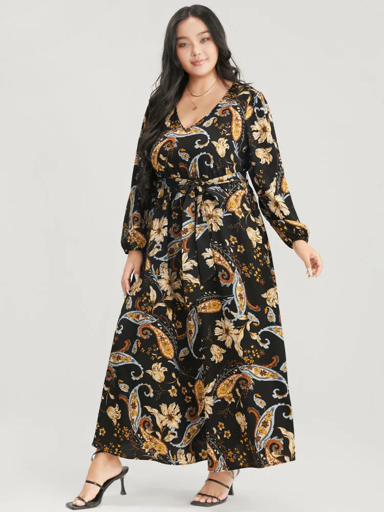 Floral Pocket Lantern Sleeve V Neck Belted Maxi Dress sold by Bloomchic product image thumbnail 3