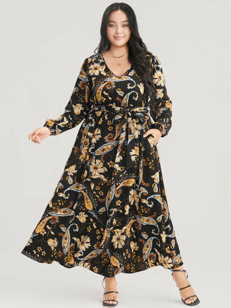 Floral Pocket Lantern Sleeve V Neck Belted Maxi Dress sold by Bloomchic