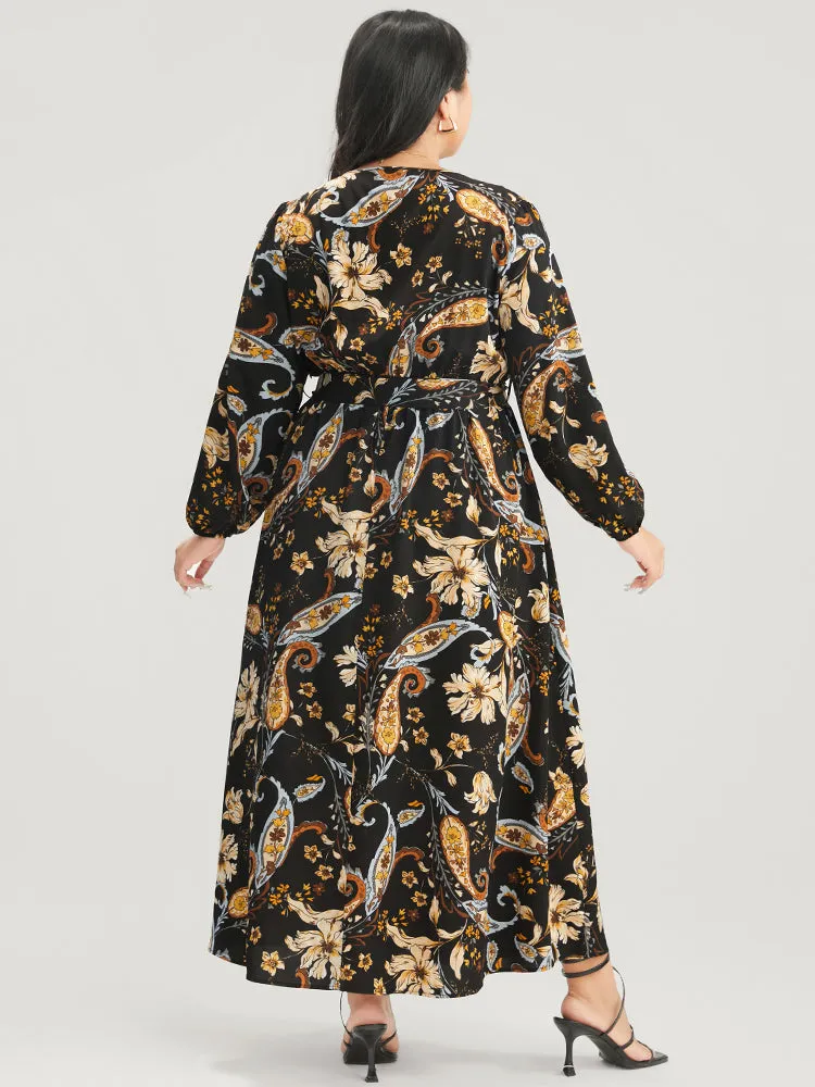 Floral Pocket Lantern Sleeve V Neck Belted Maxi Dress sold by Bloomchic product image thumbnail 5