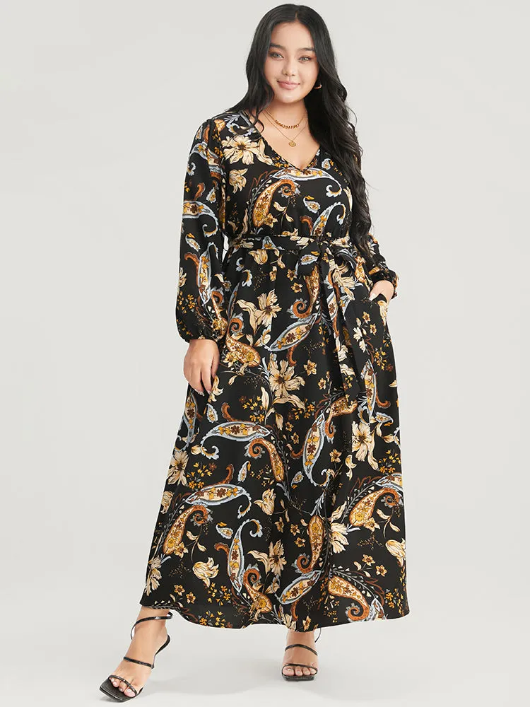 Floral Pocket Lantern Sleeve V Neck Belted Maxi Dress sold by Bloomchic product image thumbnail 2