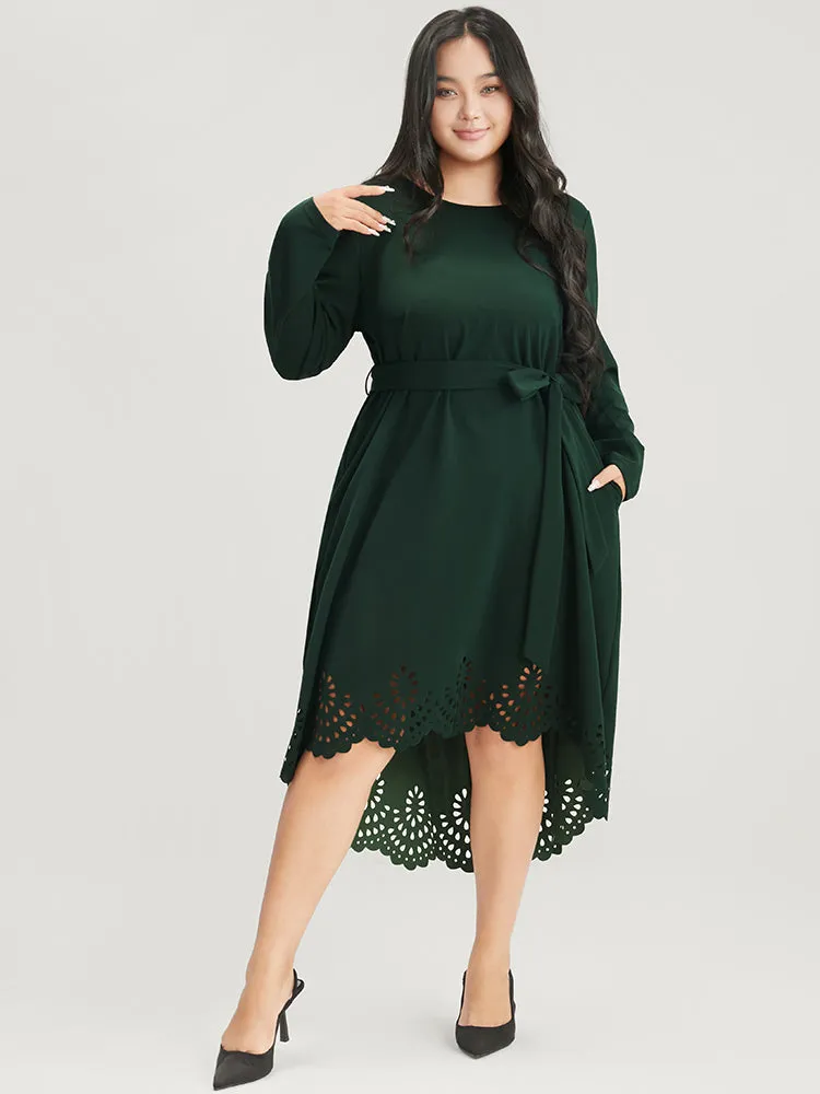 Solid Pocket Laser Cut Asymmetrical Hem Belted Dress sold by Bloomchic product image thumbnail 2