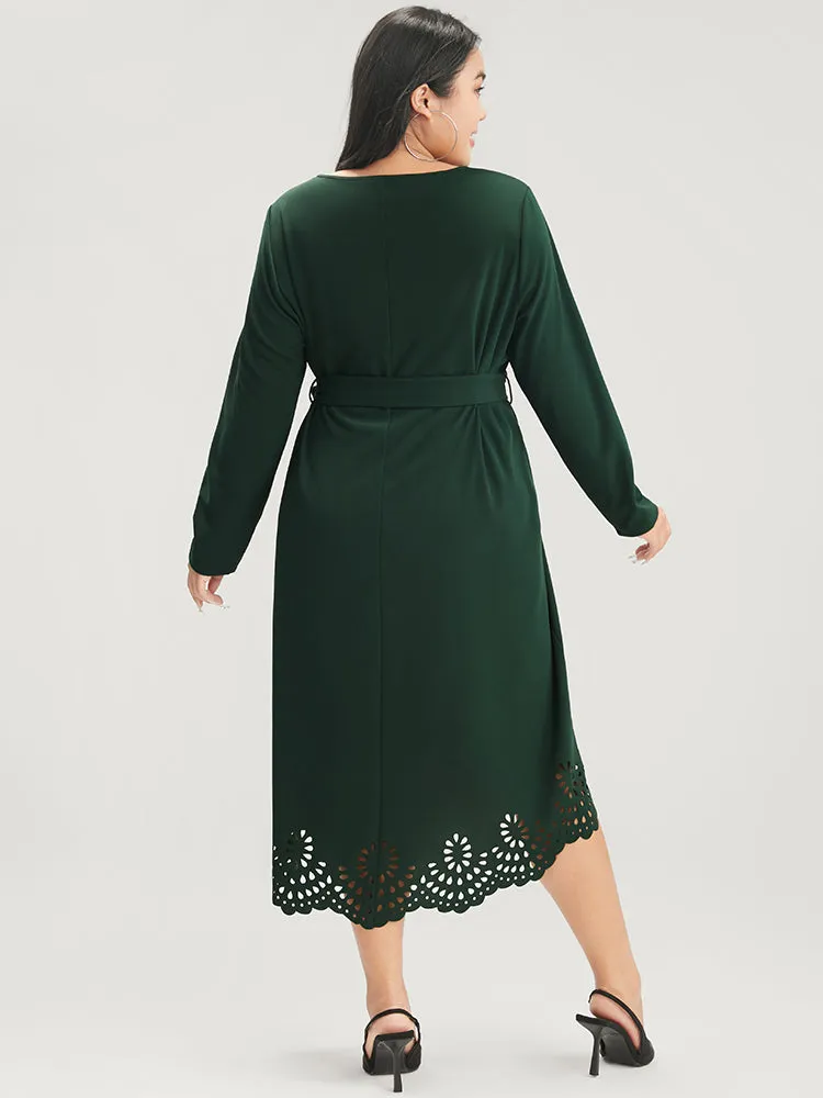 Solid Pocket Laser Cut Asymmetrical Hem Belted Dress sold by Bloomchic product image thumbnail 3