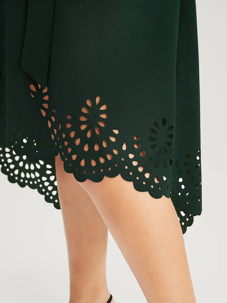 Solid Pocket Laser Cut Asymmetrical Hem Belted Dress sold by Bloomchic product image thumbnail 4