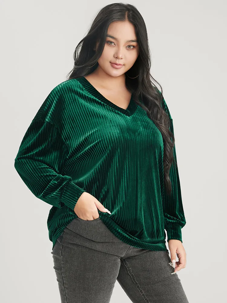 Solid V Neck Rib Knit Velvet Sweatshirt sold by Bloomchic