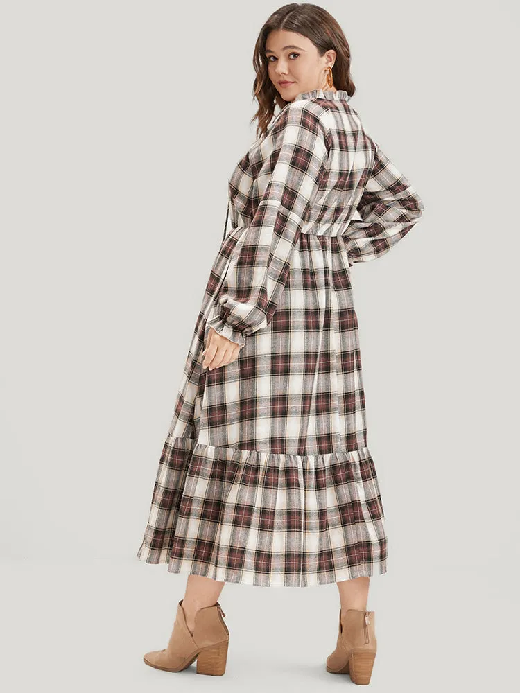 Plaid Pocket Keyhole Tie Neck Ruffle Hem Dress sold by Bloomchic product image thumbnail 5