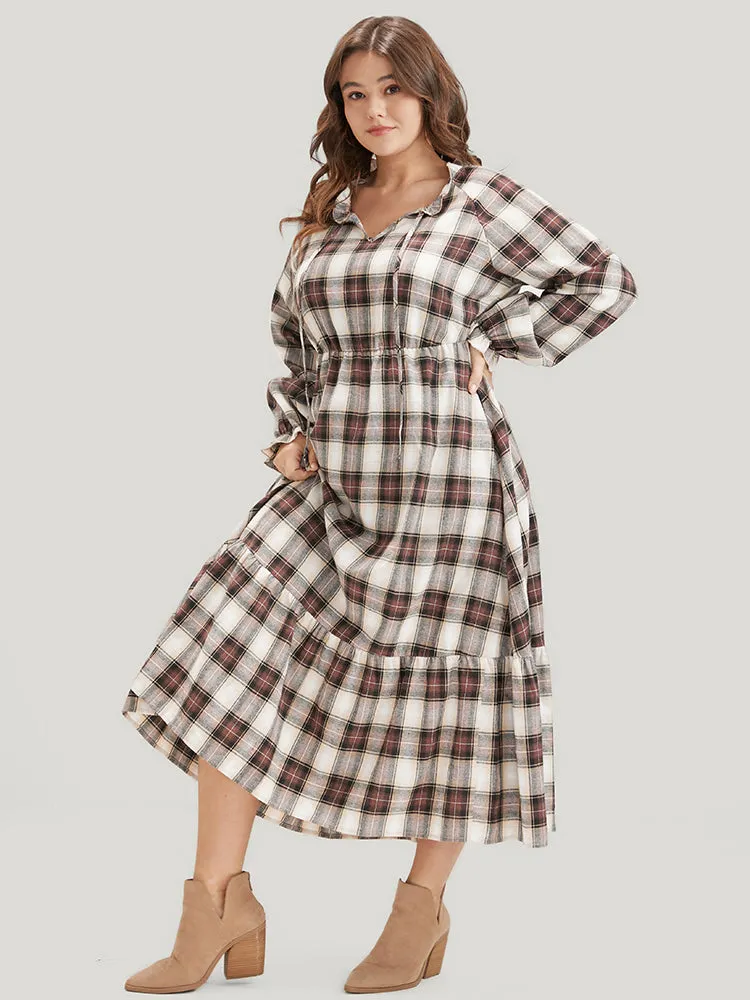 Plaid Pocket Keyhole Tie Neck Ruffle Hem Dress sold by Bloomchic product image thumbnail 3
