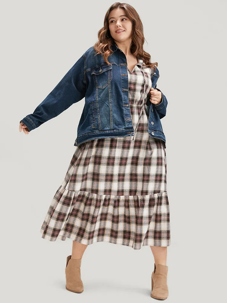 Plaid Pocket Keyhole Tie Neck Ruffle Hem Dress sold by Bloomchic product image thumbnail 4