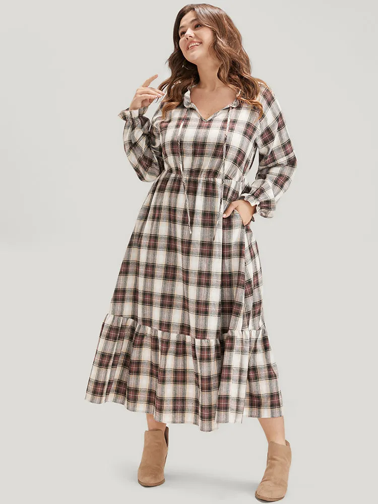 Plaid Pocket Keyhole Tie Neck Ruffle Hem Dress sold by Bloomchic