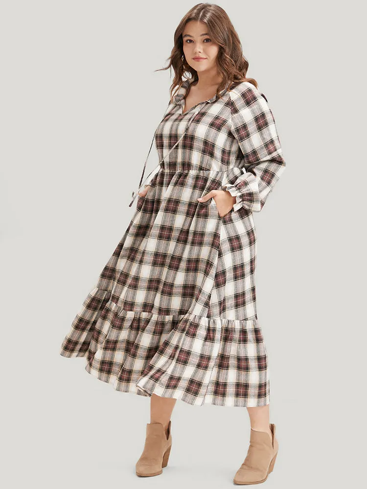 Plaid Pocket Keyhole Tie Neck Ruffle Hem Dress sold by Bloomchic product image thumbnail 2