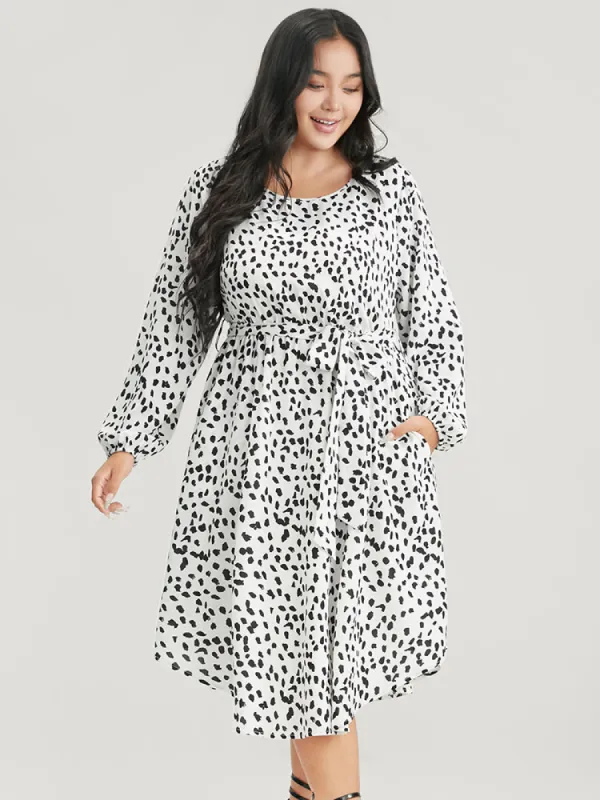Leopard Print Lantern Sleeve Pocket Belted Arc Hem Dress sold by Bloomchic