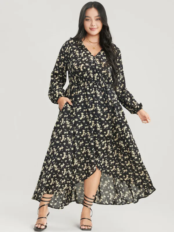 Floral Wrap Lantern Sleeve Pocket Asymmetrical Hem Dress sold by Bloomchic