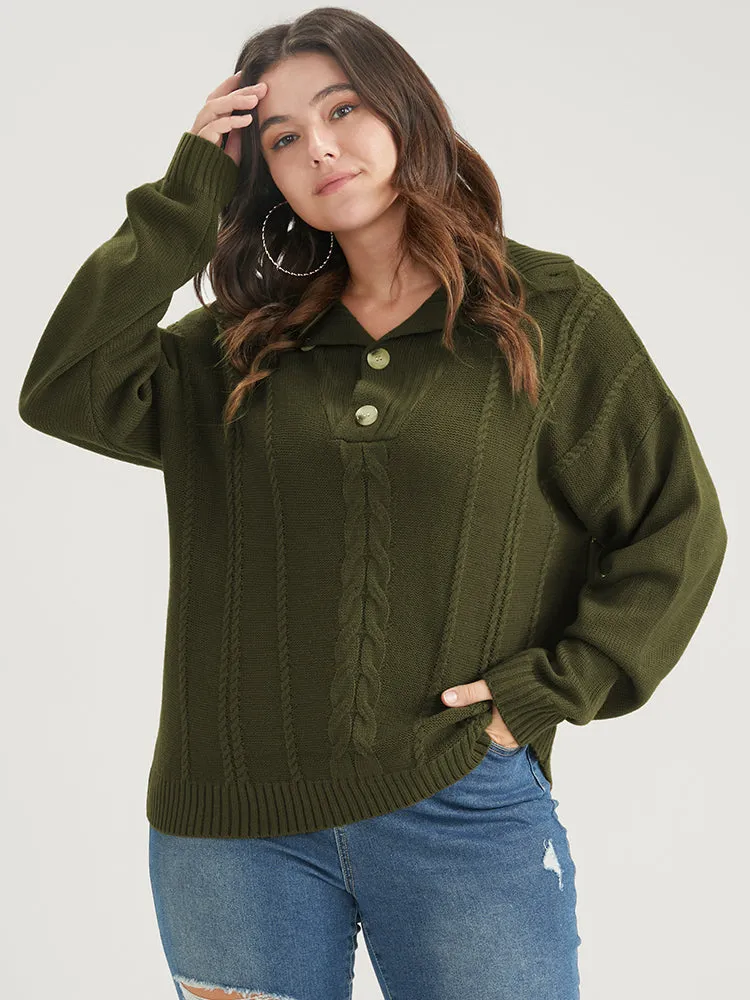 Solid Pointelle Knit Button Lapel Collar Cable Knit Top sold by Bloomchic