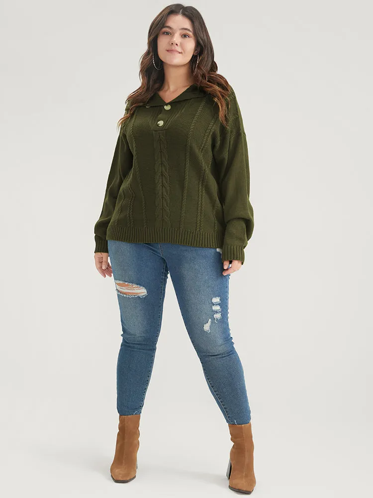 Solid Pointelle Knit Button Lapel Collar Cable Knit Top sold by Bloomchic product image thumbnail 5