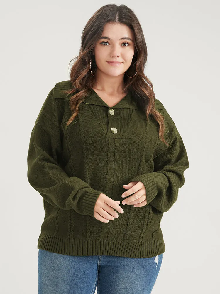 Solid Pointelle Knit Button Lapel Collar Cable Knit Top sold by Bloomchic product image thumbnail 2