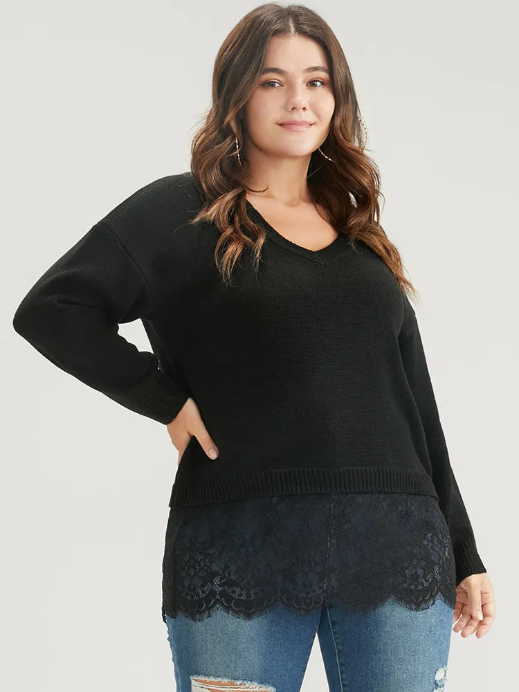 Solid Pointelle Knit V Neck Lace Hem Knit Top sold by Bloomchic product image thumbnail 4