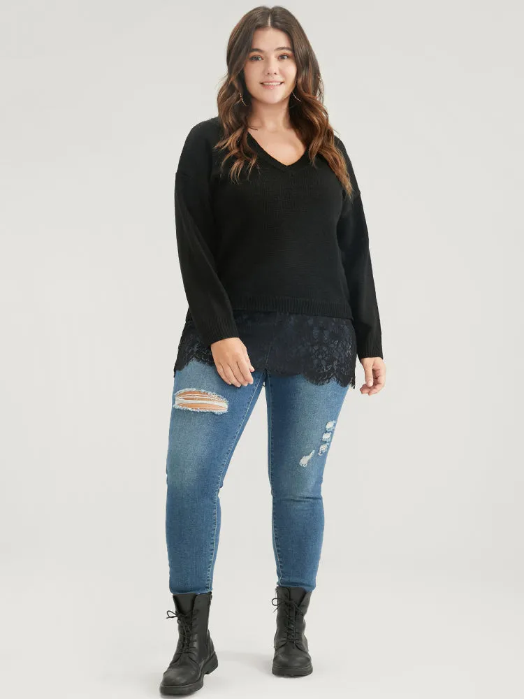 Solid Pointelle Knit V Neck Lace Hem Knit Top sold by Bloomchic product image thumbnail 5