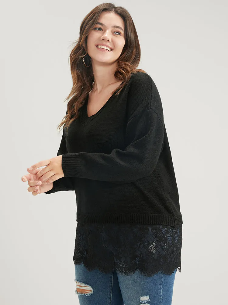 Solid Pointelle Knit V Neck Lace Hem Knit Top sold by Bloomchic product image thumbnail 2