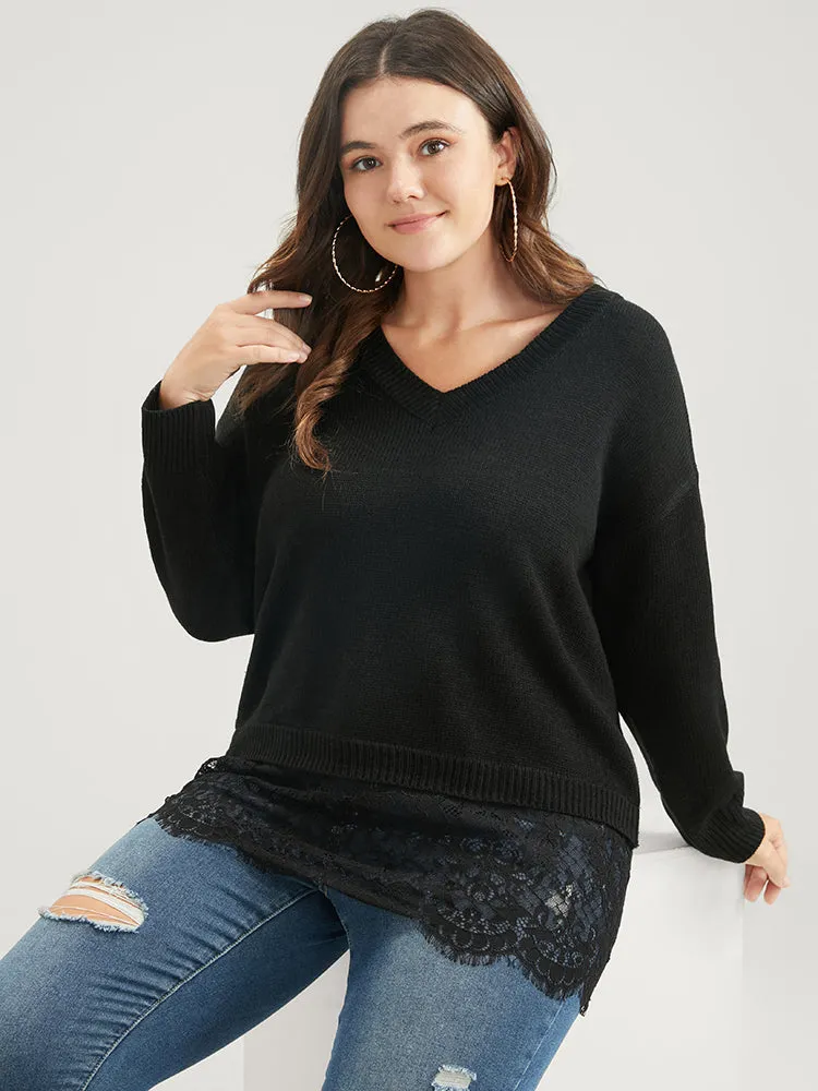 Solid Pointelle Knit V Neck Lace Hem Knit Top sold by Bloomchic product image thumbnail 3