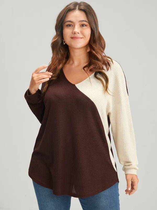 Colorblock Contrast V Neck Waffle Knit Sweatshirt sold by Bloomchic