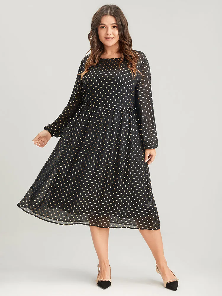 Polka Dot Mesh Lantern Sleeve Flutter Round Neck Midi Dress sold by Bloomchic