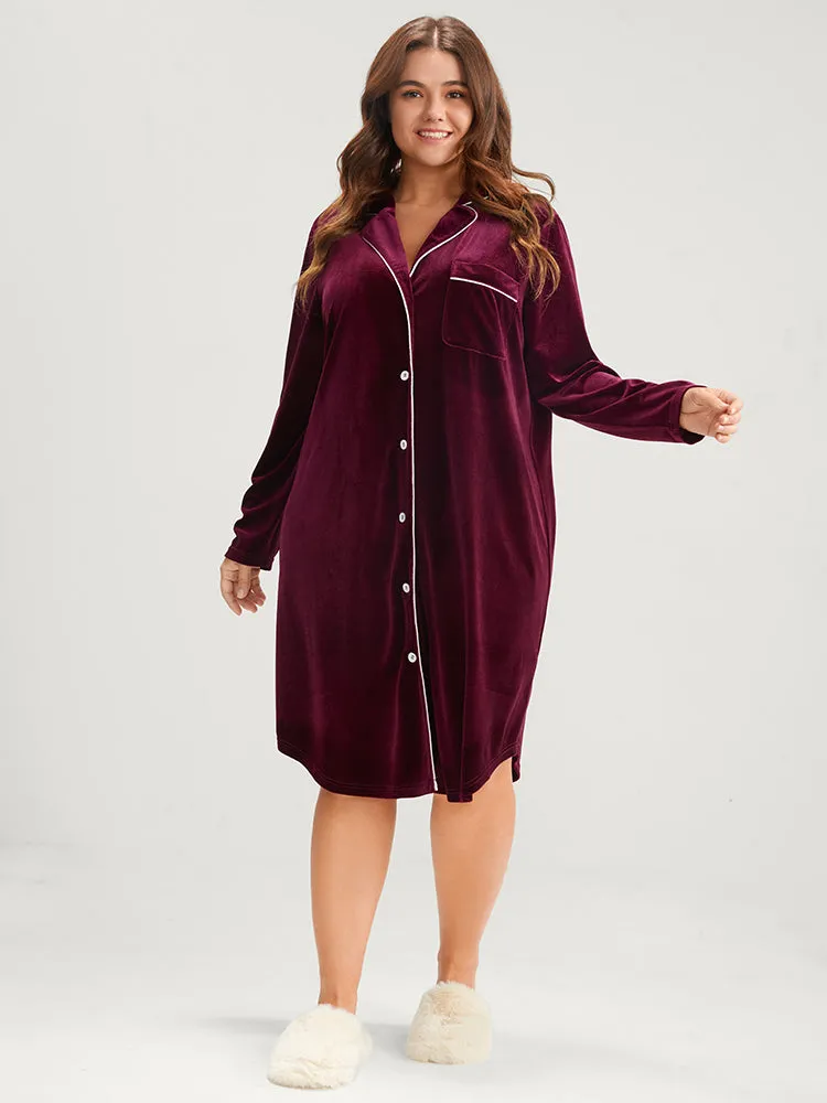 Solid Lapel Collar Button Up Arc Hem Velvet Sleep Dress sold by Bloomchic product image thumbnail 4
