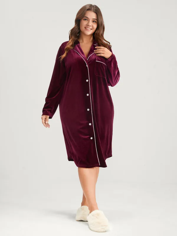 Solid Lapel Collar Button Up Arc Hem Velvet Sleep Dress sold by Bloomchic