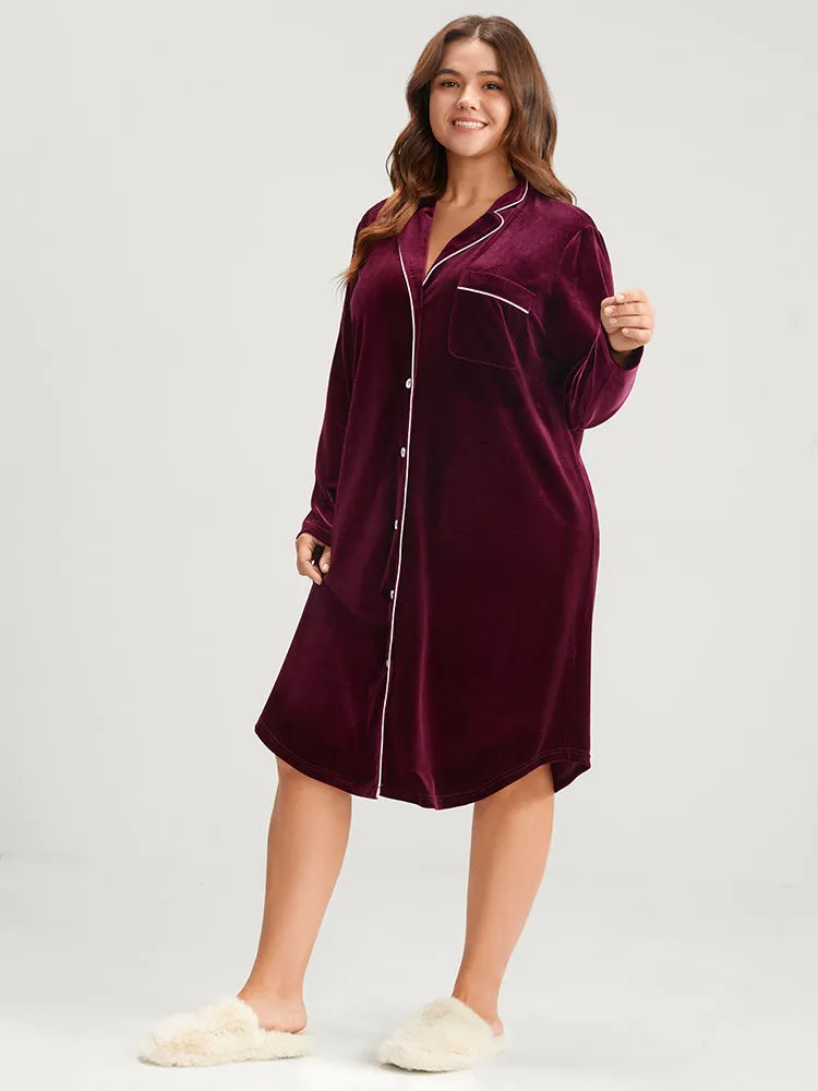 Solid Lapel Collar Button Up Arc Hem Velvet Sleep Dress sold by Bloomchic product image thumbnail 3