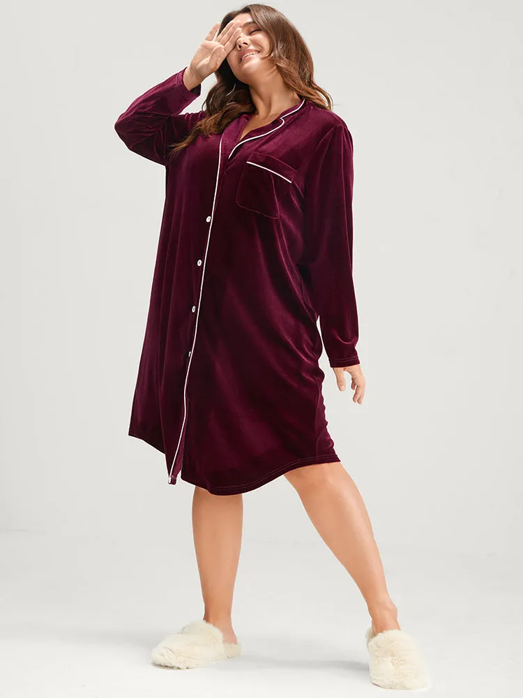Solid Lapel Collar Button Up Arc Hem Velvet Sleep Dress sold by Bloomchic product image thumbnail 2