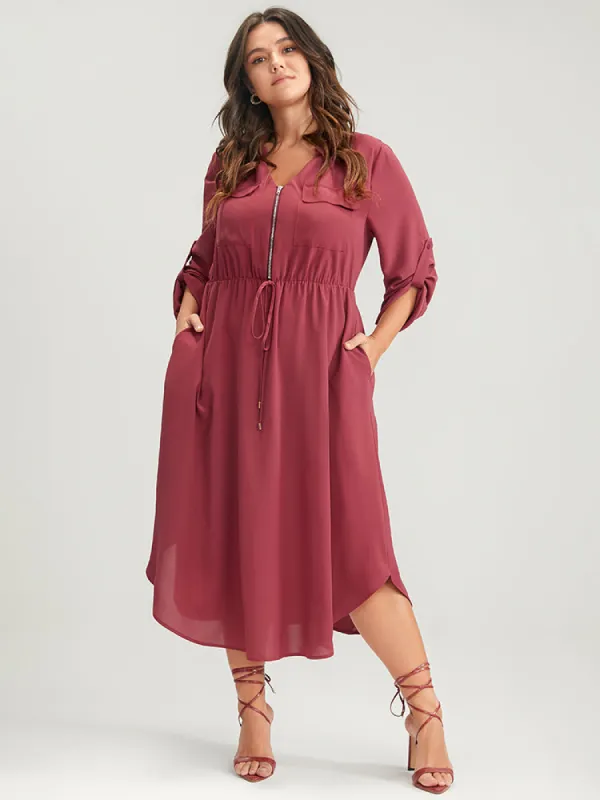 Solid Zipper Cuffed Sleeve Pocket Tie Up Asymmetrical Hem Dress sold by Bloomchic