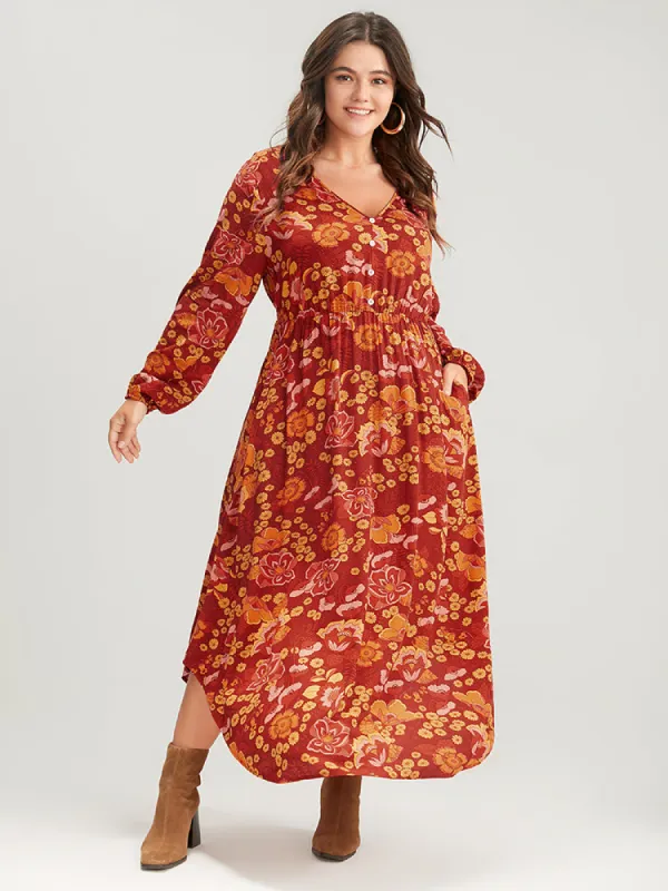 Floral Fake Button Lantern Sleeve Pocket Asymmetrical Hem Maxi Dress sold by Bloomchic