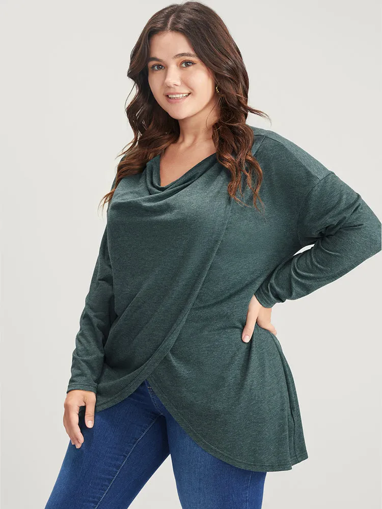 Solid Cowl Neck Asymmetrical Hem Long Tee sold by Bloomchic