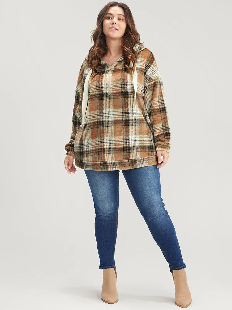 Plaid Pocket Half Zipper Drawstring Hooded Sweatshirt sold by Bloomchic product image thumbnail 5