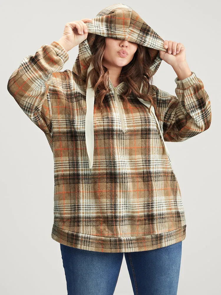 Plaid Pocket Half Zipper Drawstring Hooded Sweatshirt sold by Bloomchic product image thumbnail 3