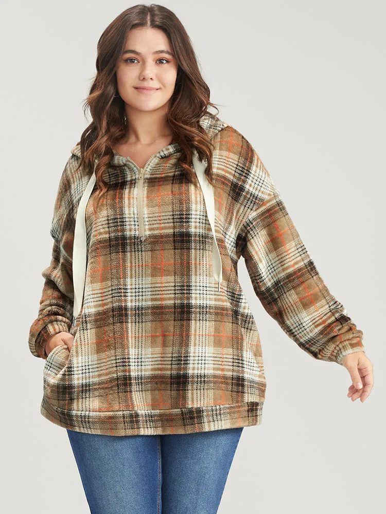 Plaid Pocket Half Zipper Drawstring Hooded Sweatshirt sold by Bloomchic