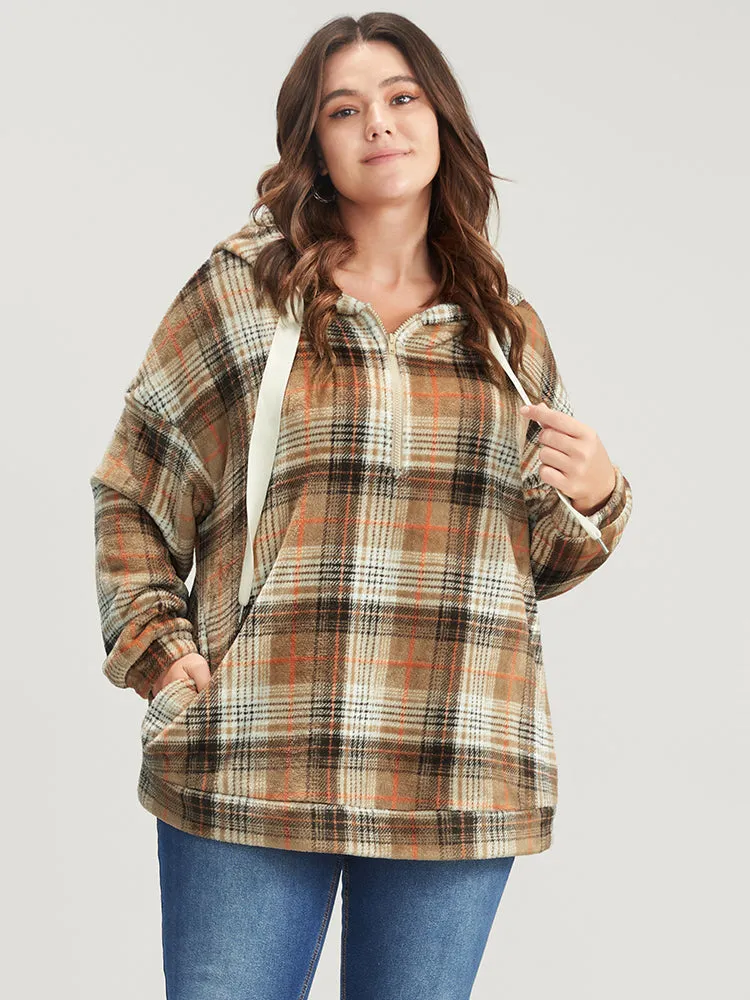 Plaid Pocket Half Zipper Drawstring Hooded Sweatshirt sold by Bloomchic product image thumbnail 4