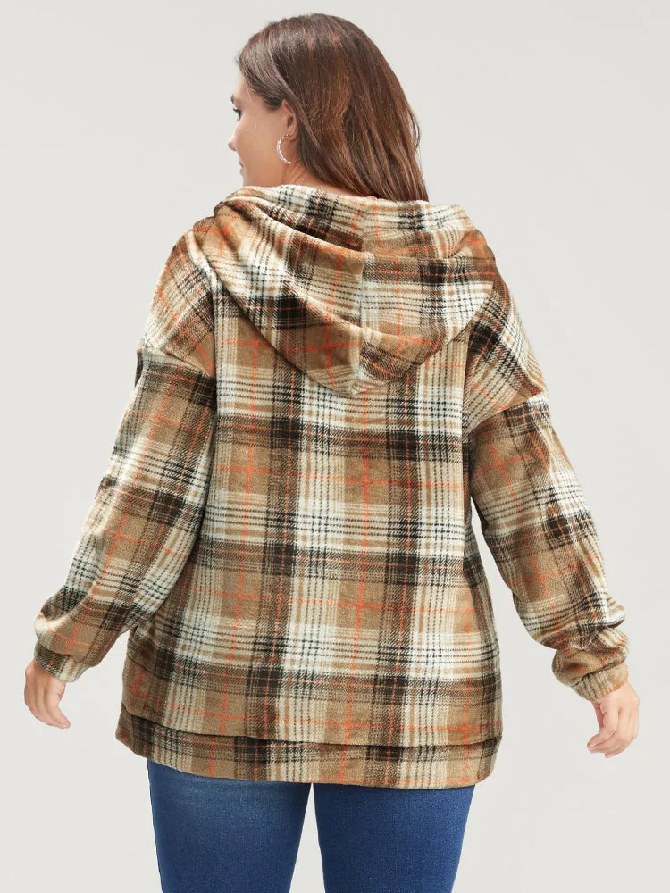 Plaid Pocket Half Zipper Drawstring Hooded Sweatshirt sold by Bloomchic product image thumbnail 2