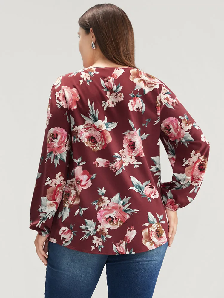 Floral Lantern Sleeve Zipper V Neck Blouse sold by Bloomchic product image thumbnail 2