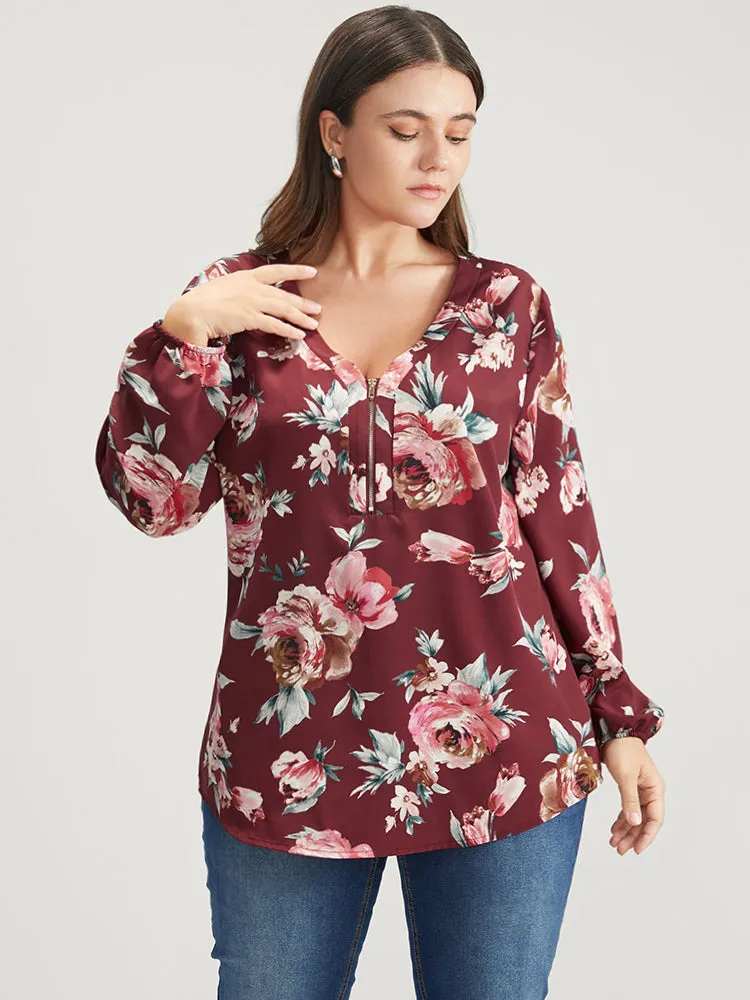 Floral Lantern Sleeve Zipper V Neck Blouse sold by Bloomchic