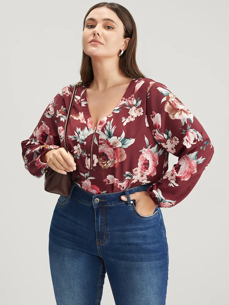 Floral Lantern Sleeve Zipper V Neck Blouse sold by Bloomchic product image thumbnail 5