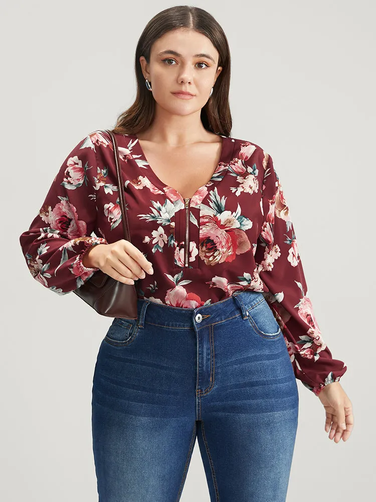 Floral Lantern Sleeve Zipper V Neck Blouse sold by Bloomchic product image thumbnail 3