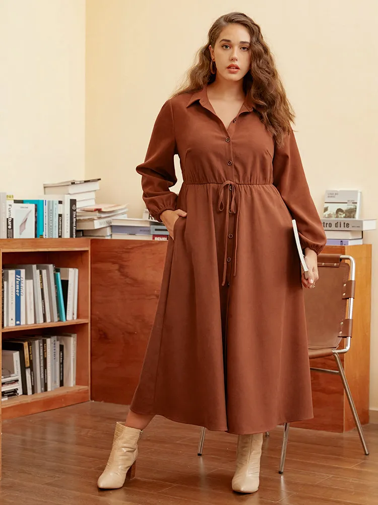 Solid Tie Up Shirt Collar Pocket Button Detail Corduroy Dress sold by Bloomchic