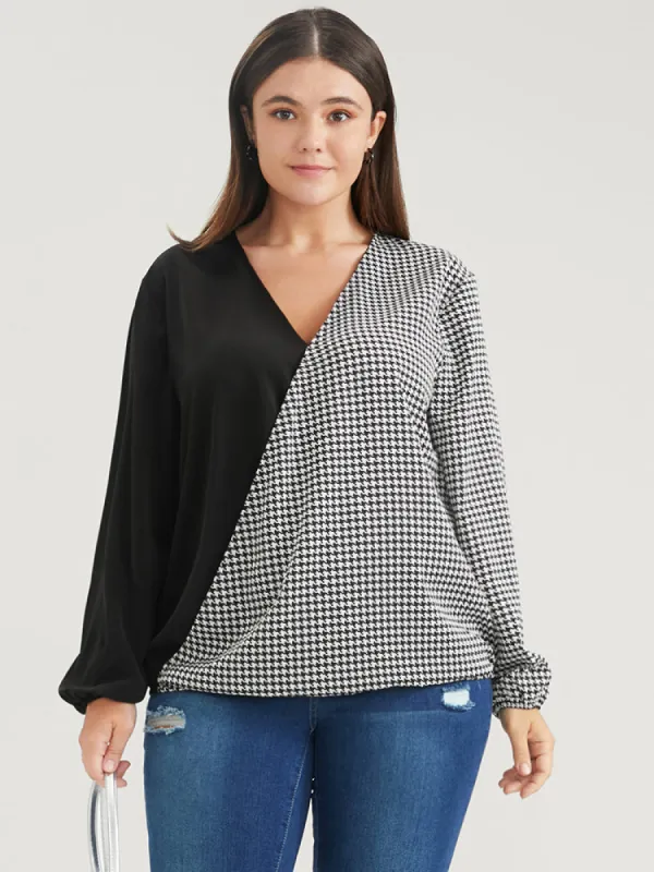 Houndstooth Patchwork Lantern Sleeve Blouse sold by Bloomchic